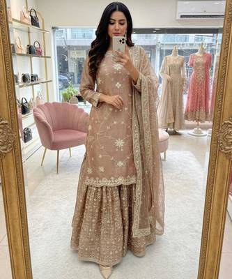 Light peach silk blend embroidered sharara set 3