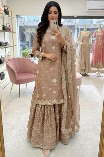 Light peach silk blend embroidered sharara set
