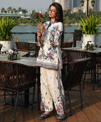White cotton poly embroidered farshi palazzo set 1