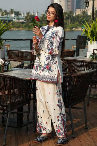 White cotton poly embroidered farshi palazzo set