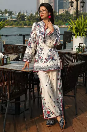 White cotton poly embroidered farshi palazzo set