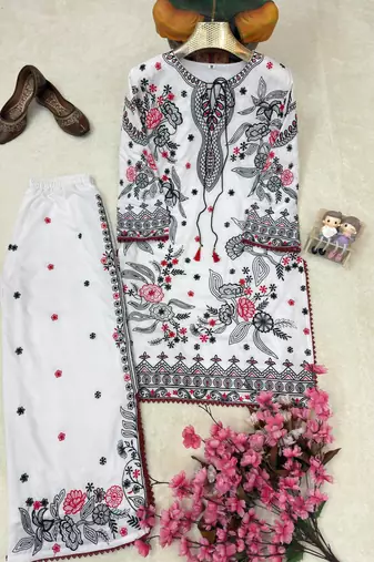 White cotton poly embroidered farshi palazzo set