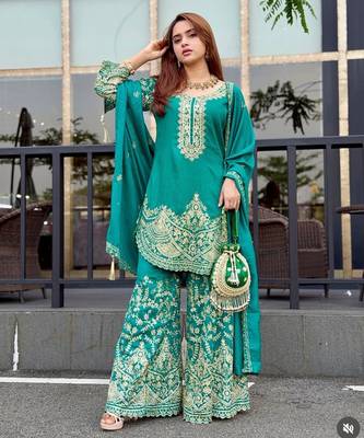 Teal green silk blend embroidered palazzo set 1
