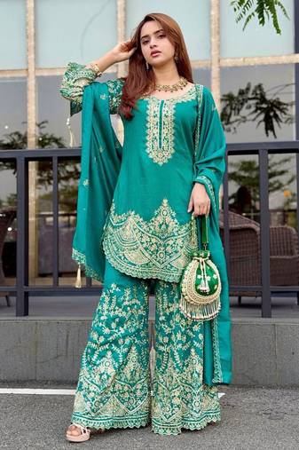Teal green silk blend embroidered palazzo set