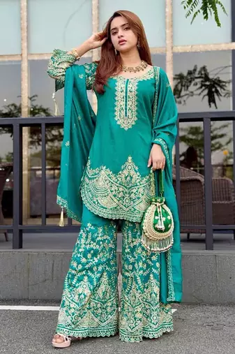 Teal green silk blend embroidered palazzo set