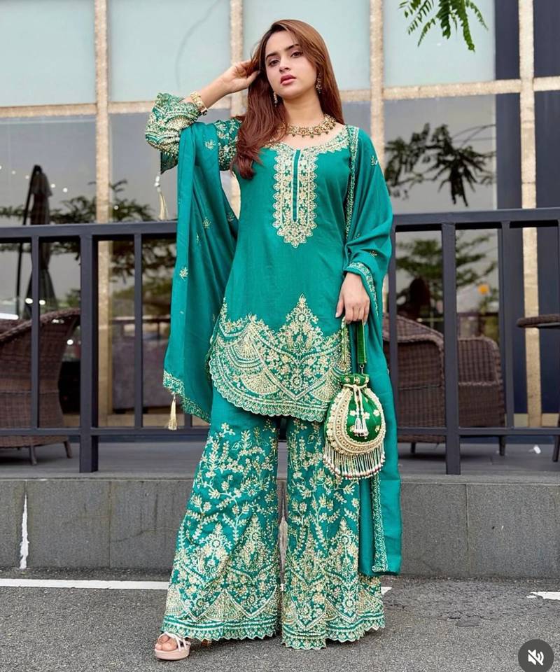 Teal green silk blend embroidered palazzo set