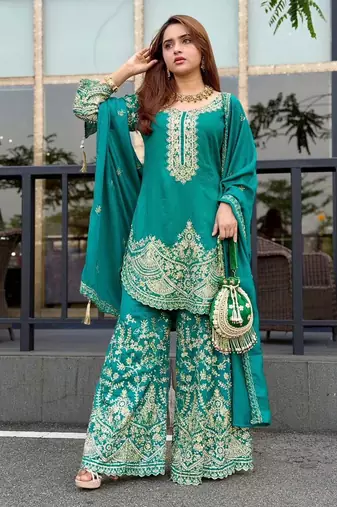 Teal green silk blend embroidered palazzo set
