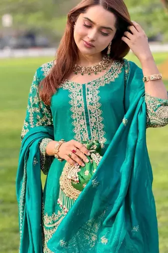 Teal green silk blend embroidered palazzo set