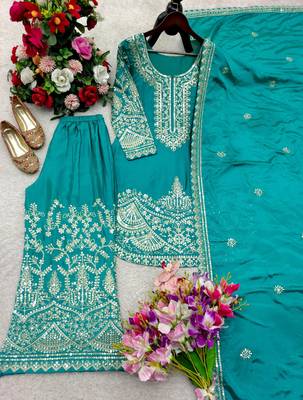 Teal green silk blend embroidered palazzo set 4