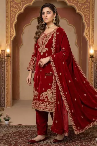 Red silk blend embroidered kurta set