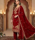 Red silk blend embroidered kurta set