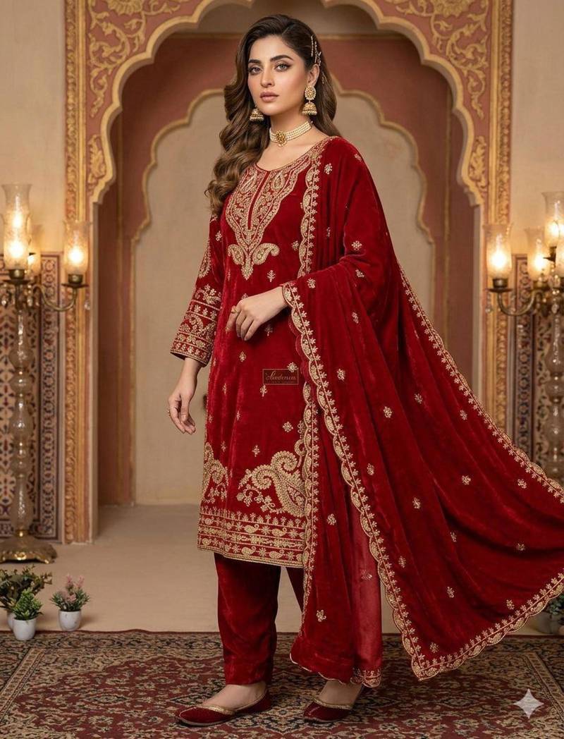 Red silk blend embroidered kurta set