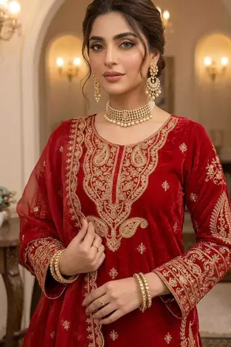 Red silk blend embroidered kurta set