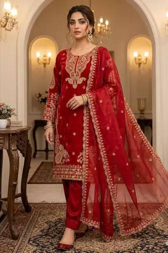 Red silk blend embroidered kurta set