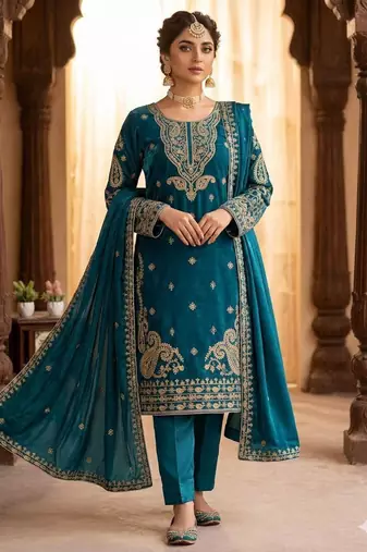 Teal green silk blend embroidered kurta set