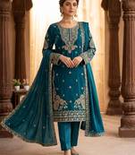 Teal green silk blend embroidered kurta set