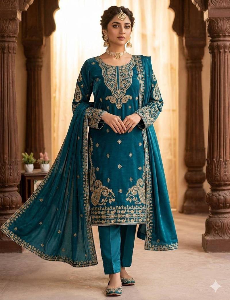 Teal green silk blend embroidered kurta set