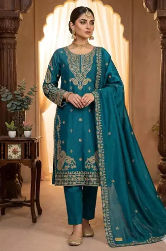 Teal green silk blend embroidered kurta set