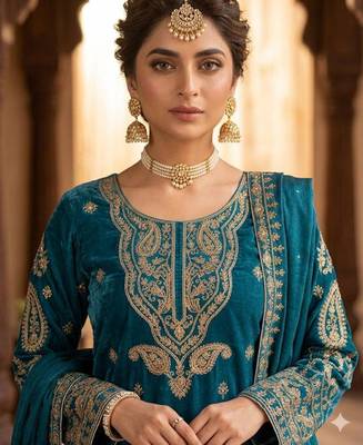 Teal green silk blend embroidered kurta set 3