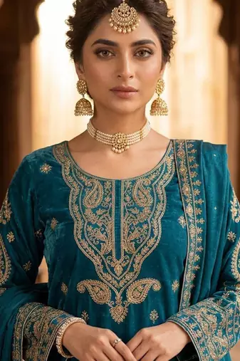 Teal green silk blend embroidered kurta set