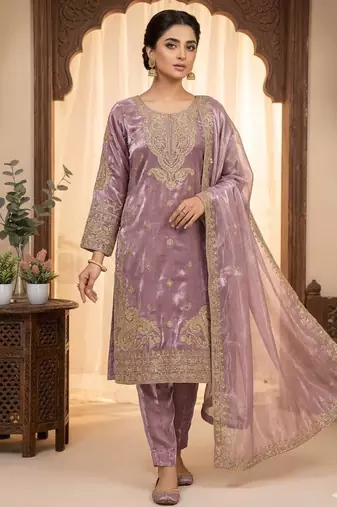 Lavender silk blend embroidered kurta set