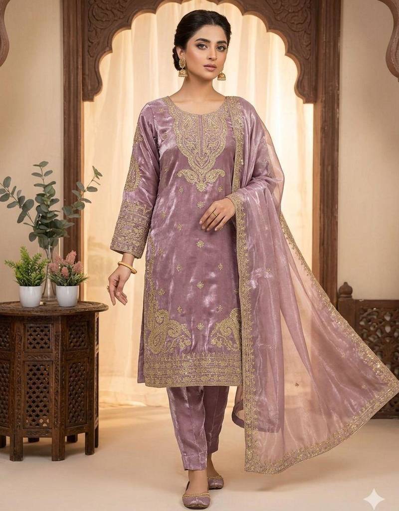 Lavender silk blend embroidered kurta set
