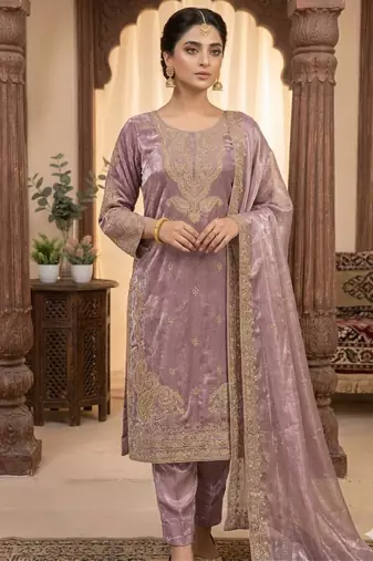 Lavender silk blend embroidered kurta set