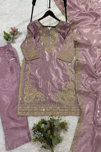 Lavender silk blend embroidered kurta set