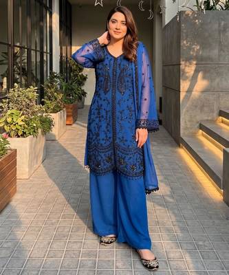 Blue faux georgette sequins palazzo set 1