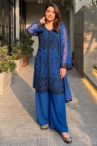 Blue faux georgette sequins palazzo set
