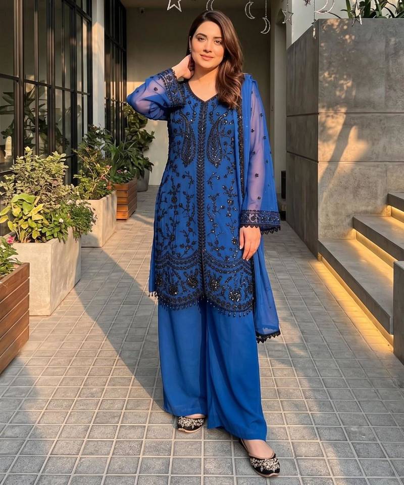 Blue faux georgette sequins palazzo set