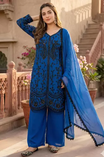 Blue faux georgette sequins palazzo set