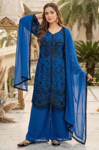 Blue faux georgette sequins palazzo set