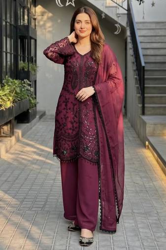 Plum faux georgette sequins palazzo set
