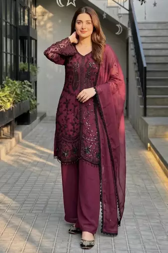 Plum faux georgette sequins palazzo set
