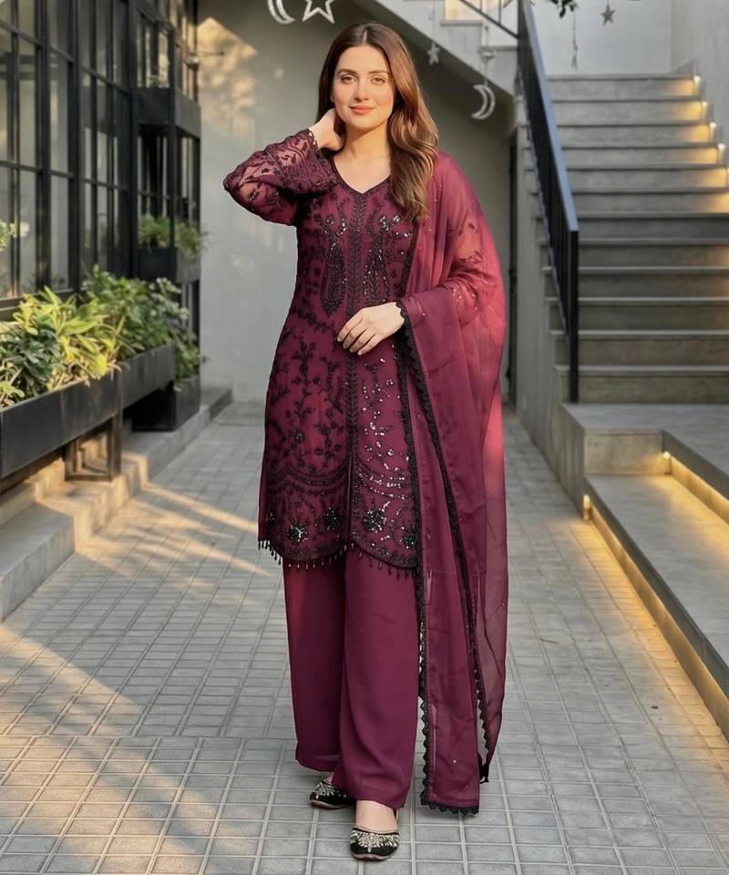 Plum faux georgette sequins palazzo set