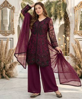 Plum faux georgette sequins palazzo set 3
