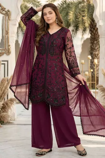 Plum faux georgette sequins palazzo set