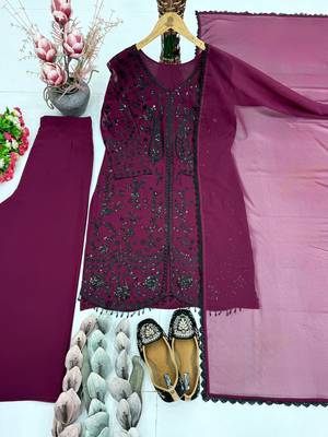Plum faux georgette sequins palazzo set 4