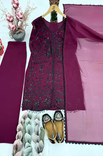 Plum faux georgette sequins palazzo set