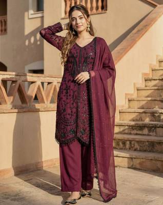 Plum faux georgette sequins palazzo set 5