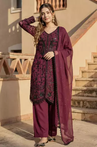 Plum faux georgette sequins palazzo set