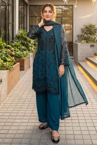 Teal green faux georgette sequins palazzo set