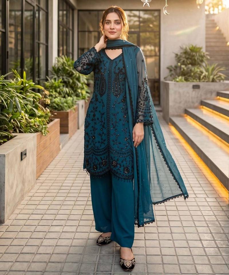 Teal green faux georgette sequins palazzo set