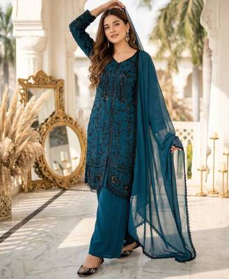 Teal green faux georgette sequins palazzo set 2