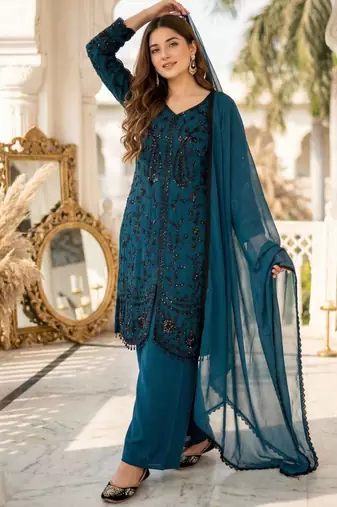 Teal green faux georgette sequins palazzo set