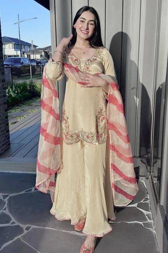 Beige crepe embroidered sharara set