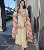 Beige crepe embroidered sharara set