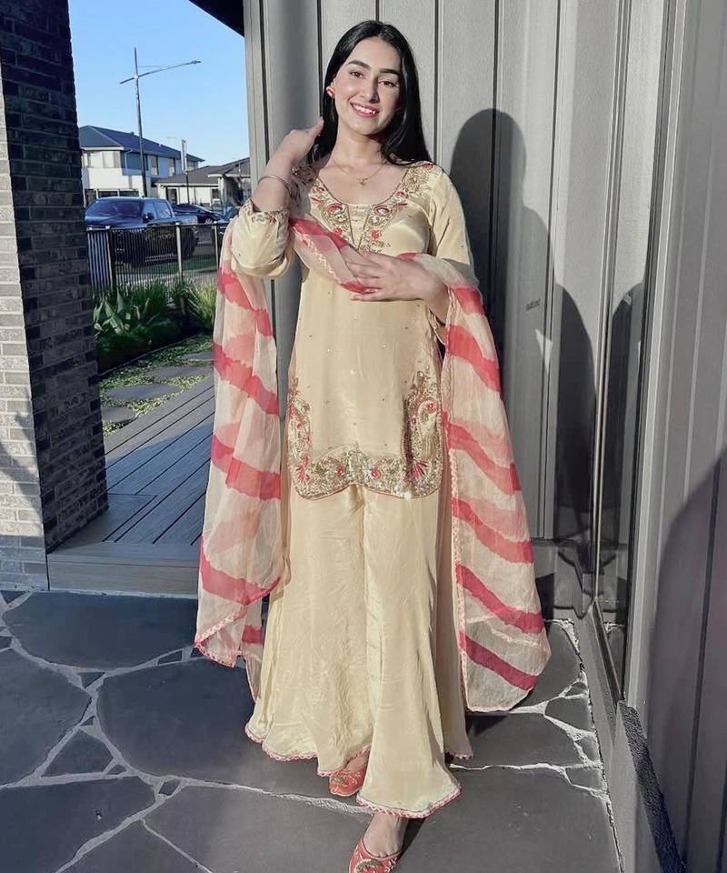 Beige crepe embroidered sharara set