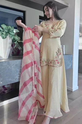Beige crepe embroidered sharara set